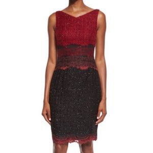 Talbot Runhof mulberry red and black tweed and lace sleeveless sheath dress EOC